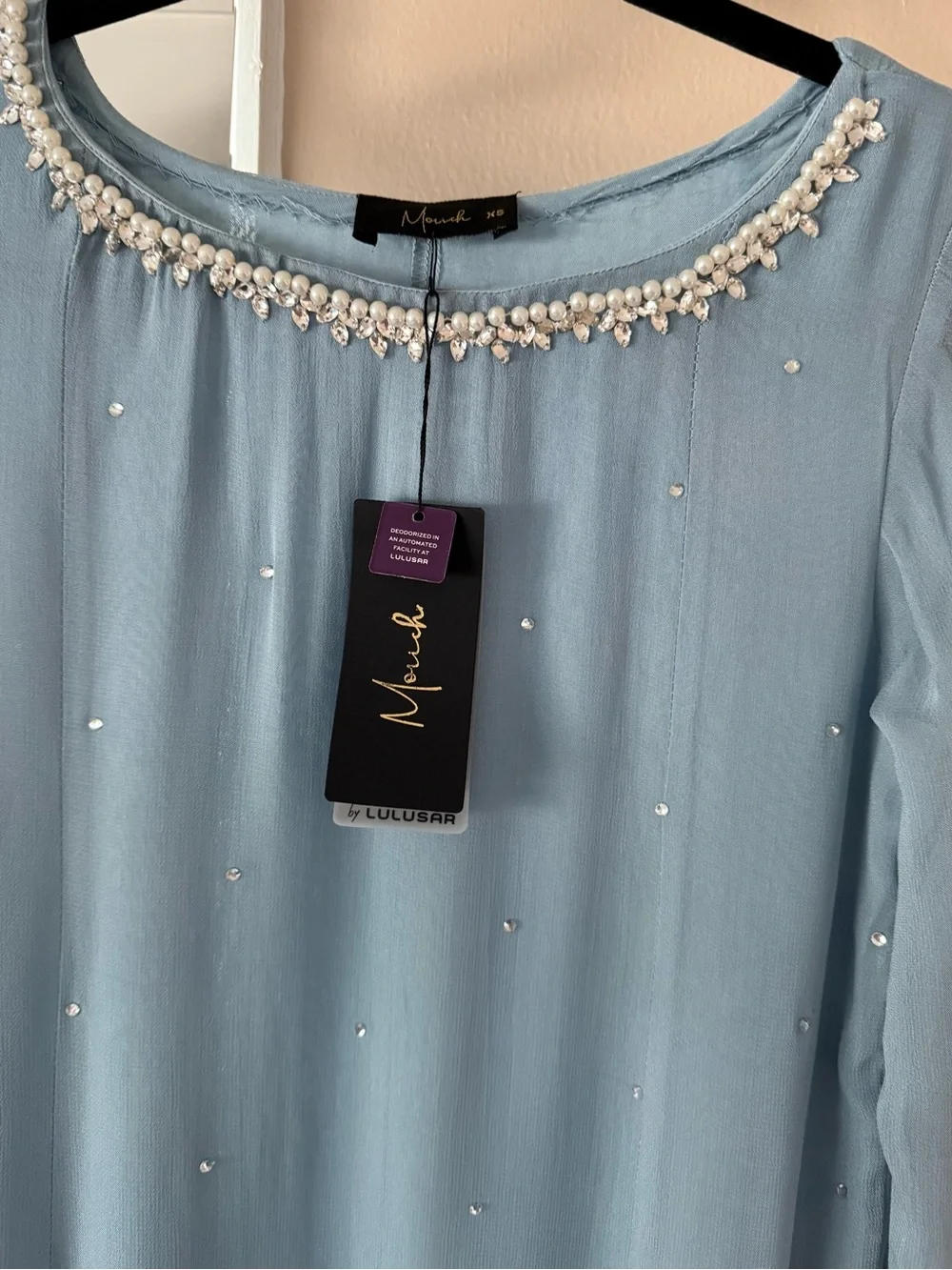 Lulusar Pakistani Light Blue Pearls Rhinestones A line Long Sleeve Dress Xs NWT